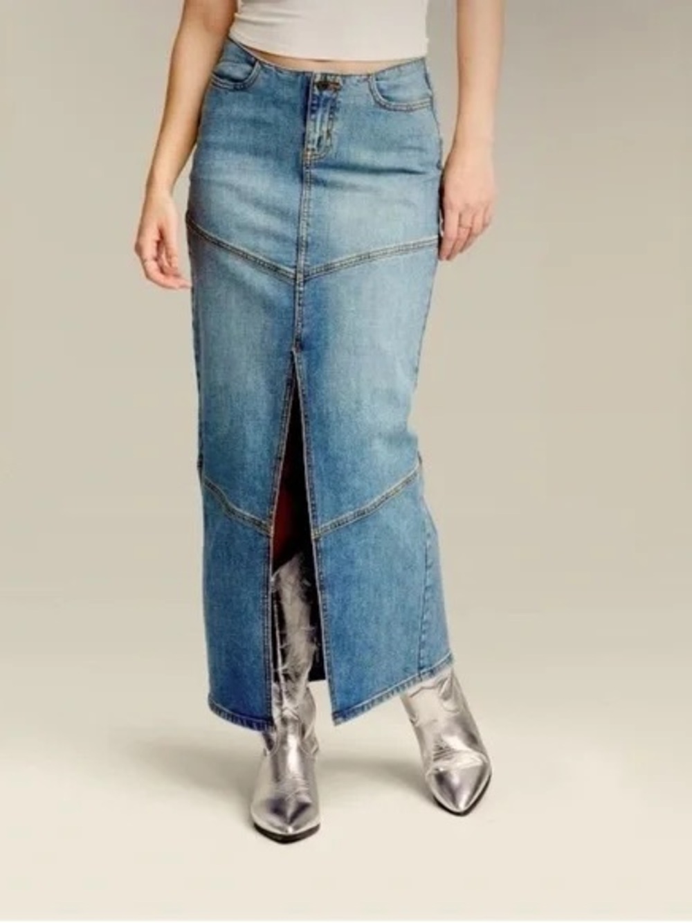 New Maxi Long Denim Skirt with Front Slit